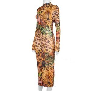 Long Sleeve Leopard Print Women's Bodycon Sexy Maxi Dress